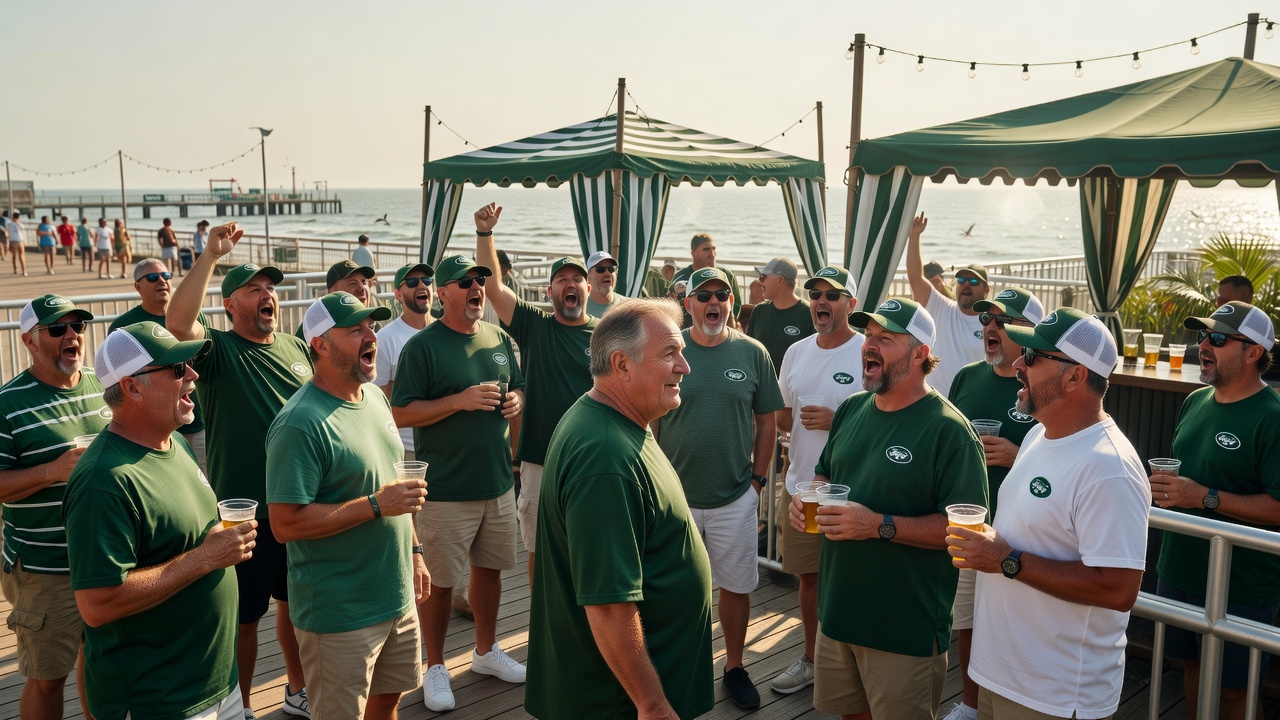 AI-generated editorial image of green-and-white football fans at an Atlantic City beach club