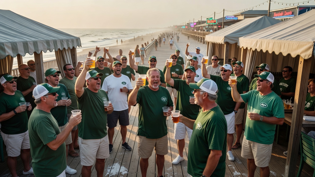 AI-generated editorial image of green-and-white football fans celebrating on a beach-club deck